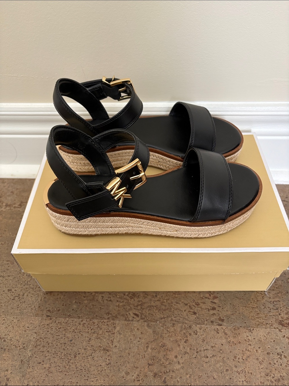 Michael Kors Black Leather Platform Espadrille Sandals with Gold MK Accent